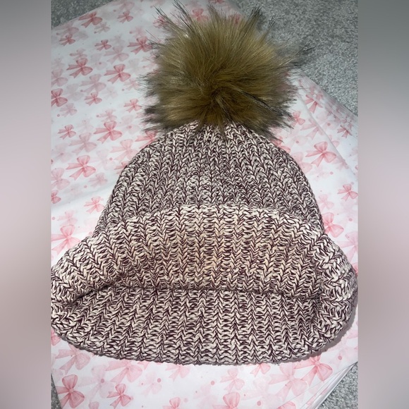 Love Your Melon Women’s Knit Pom Hat - Brown, White, and Burgundy - Picture 3 of 4